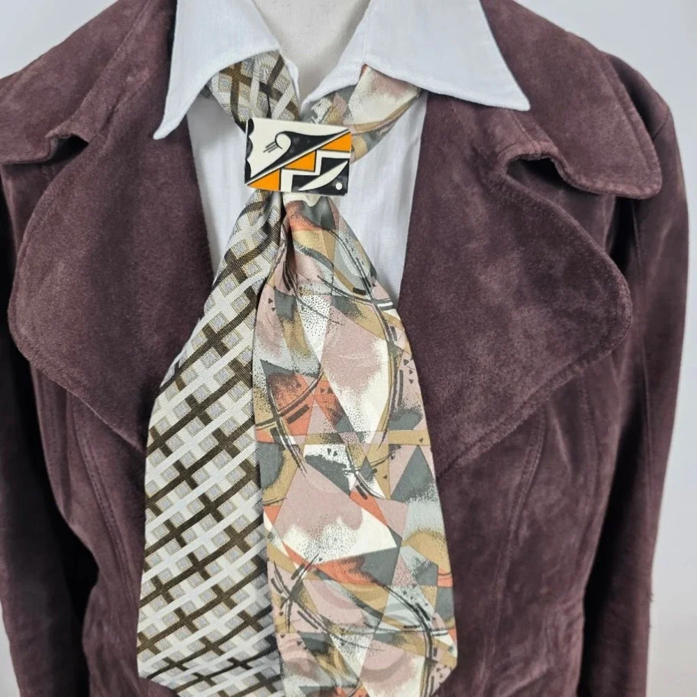 Upcycled  Scarf Tie Women‎ OS Brown w Brooch Artsy
